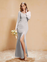 Robe Sirène en Mousseline à Manches Longues avec Fente Argent