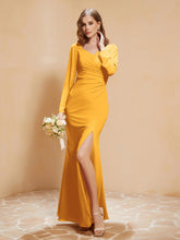 Robe Sirène en Mousseline à Manches Longues avec Fente Mandarine