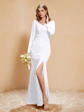 Robe Sirène en Mousseline à Manches Longues avec Fente Blanc