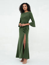 Sirène Sexy Robes Trompette Manches Longues avec Fente Olive Verte