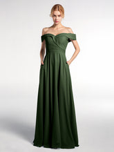 Robe à Hors de l'Épaule Jupe Ronde avec Poches Olive Verte