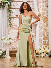 Robe Fourreau Sexy à Une Épaule avec Fente Haute et Traîne Sauge Poudrée