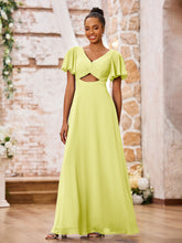 Maxi Robe Trapèze en Mousseline à Col en V avec Mancherons Jonquille