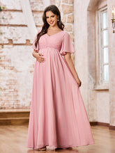 Maxi Robe Empire en Mousseline à Col en V et Manches Courtes Rose Poudré
