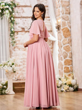 Maxi Robe Empire en Mousseline à Col en V et Manches Courtes Rose Poudré