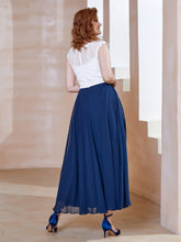 Robe en Mousseline Longueur de Mollet à Col en V avec Poches Bleu Marine