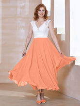 Robe en Mousseline Longueur de Mollet à Col en V avec Poches Papaye