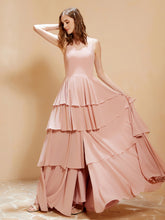 Robe Longue Bohème en Mousseline avec Volants Rose Poudré
