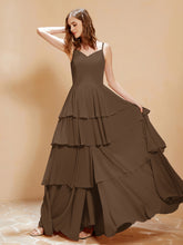 Robe Longue Bohème en Mousseline avec Volants Brun
