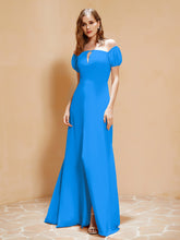 Robe Longue à Demi-Manches avec Fente Bleu Océan