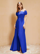 Robe Longue à Demi-Manches avec Fente Bleu Royale