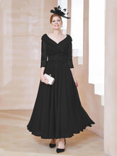 Robe en Dentelle et Mousseline Longueur au Sol à Col en V Noir
