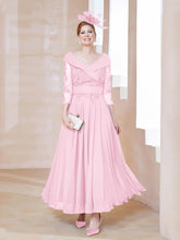 Robe en Dentelle et Mousseline Longueur au Sol à Col en V Rose Bonbon