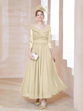 Robe en Dentelle et Mousseline Longueur au Sol à Col en V Champagne