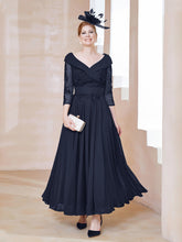 Robe en Dentelle et Mousseline Longueur au Sol à Col en V Bleu Marine