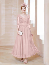 Robe en Dentelle et Mousseline Longueur au Sol à Col en V Rose Poudré