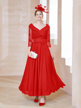 Robe en Dentelle et Mousseline Longueur au Sol à Col en V Rouge