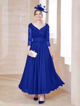 Robe en Dentelle et Mousseline Longueur au Sol à Col en V Bleu Royale