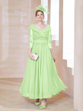 Robe en Dentelle et Mousseline Longueur au Sol à Col en V Sauge
