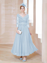 Robe en Dentelle et Mousseline Longueur au Sol à Col en V Bleu Ciel