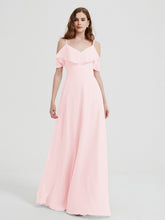 Spaghetti Bretelles Col En V Mousseline Robes Longues Rose Pâle