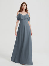 Spaghetti Bretelles Col En V Mousseline Robes Longues Bleu de Schiste