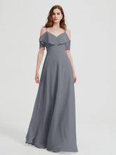 Spaghetti Bretelles Col En V Mousseline Robes Longues Gris Acier