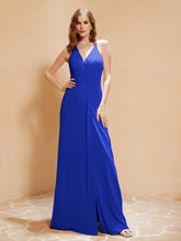 Robe Longue à Bretelles Spaghetti avec Fente Bleu Royale