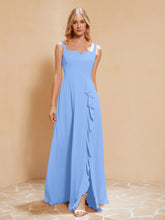 Robe de Demoiselle d'Honneur Sans Manches avec Volants Bleu