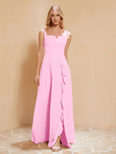 Robe de Demoiselle d'Honneur Sans Manches avec Volants Rose Bonbon