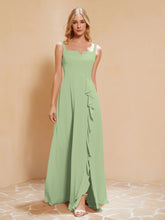 Robe de Demoiselle d'Honneur Sans Manches avec Volants Sauge Poudrée