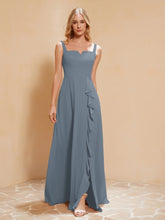 Robe de Demoiselle d'Honneur Sans Manches avec Volants Bleu de Schiste