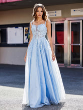Robe de Soirée de A-ligne en Tulle à Col Carré Longueur au Sol Bleu Ciel