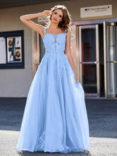 Robe de Soirée de A-ligne en Tulle à Col Carré Longueur au Sol Bleu