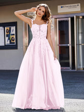 Robe de Soirée de A-ligne en Tulle à Col Carré Longueur au Sol Rose Pâle