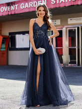 Robe de Soirée en Tulle à Bretelles Spaghetti et Col en V Bleu Marine Grande Taille