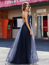 Robe de Soirée en Tulle à Bretelles Spaghetti et Col en V Bleu Marine Grande Taille