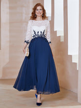 Robe en Mousseline avec Longueur de Mollet à Col Appliqué Bleu Marine