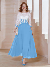 Robe en Mousseline avec Longueur de Mollet à Col Appliqué Bleu