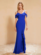 Robe Longue à Manches Flottantes avec Fente Bleu Royale