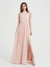 Col Haut Mousseline Robes Avec Fente Et Ceinture Nœud Rose Perle