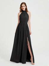 Col Haut Mousseline Robes Avec Fente Et Ceinture Nœud Noir