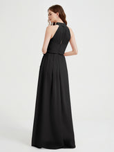 Col Haut Mousseline Robes Avec Fente Et Ceinture Nœud Noir