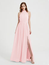 Col Haut Mousseline Robes Avec Fente Et Ceinture Nœud Rose Pâle