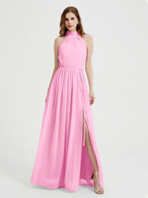Col Haut Mousseline Robes Avec Fente Et Ceinture Nœud Rose Bonbon