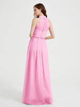 Col Haut Mousseline Robes Avec Fente Et Ceinture Nœud Rose Bonbon