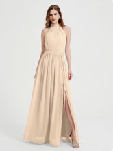 Col Haut Mousseline Robes Avec Fente Et Ceinture Nœud Champagne