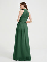 Col Haut Mousseline Robes Avec Fente Et Ceinture Nœud Vert Foncé