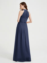 Col Haut Mousseline Robes Avec Fente Et Ceinture Nœud Bleu Marine