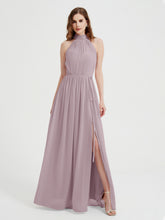Col Haut Mousseline Robes Avec Fente Et Ceinture Nœud Dusk